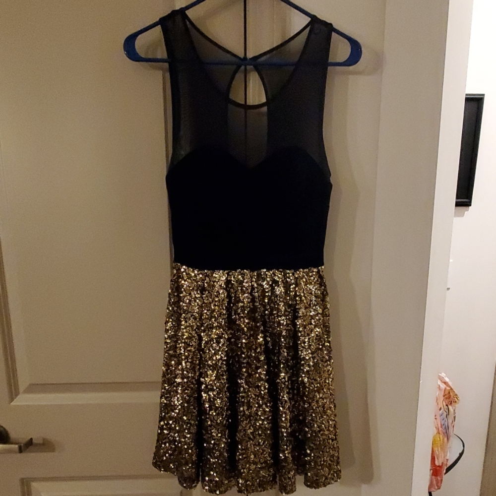 Guess Black Velvet and Gold Sequin XS Dress